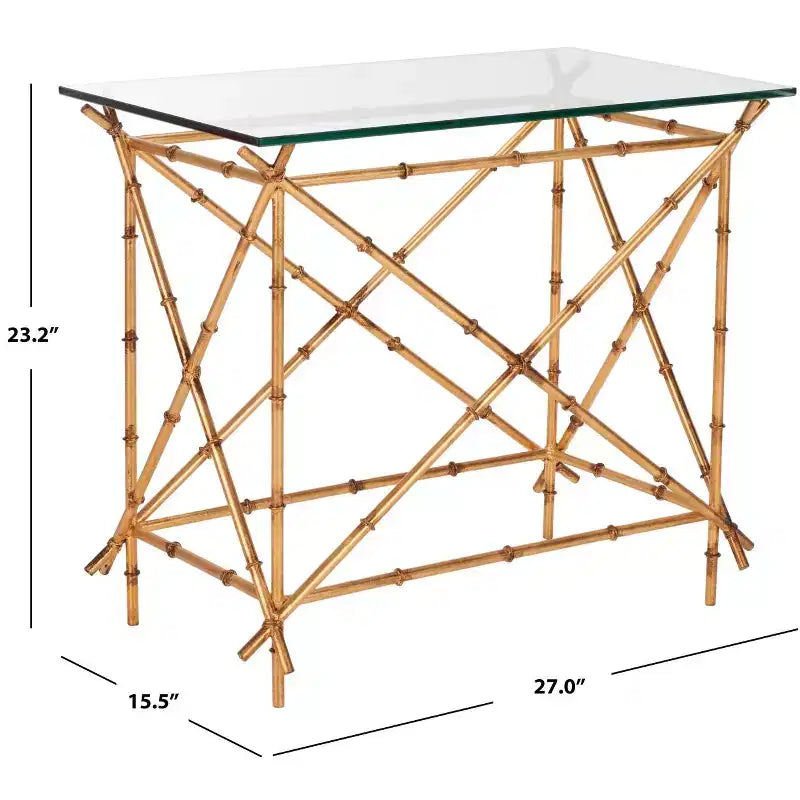 Mesa auxiliar redonda con detalles, oro y cristal transparente