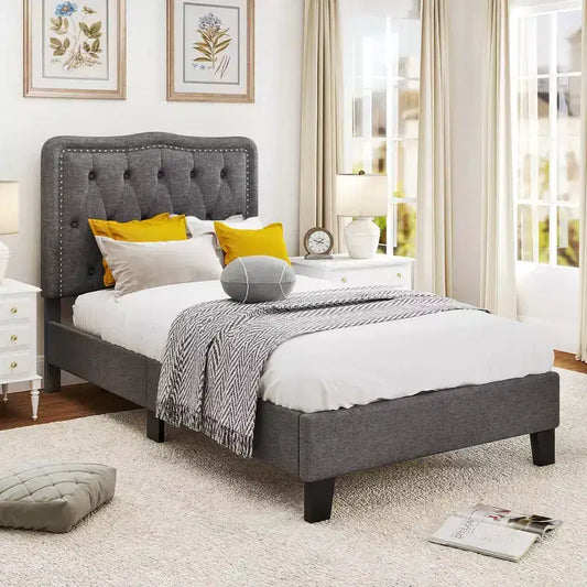 Costway Twin Size Bed Frame with 46 Tall Button Tufted Headboard Wooden Slats Support