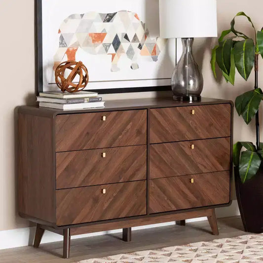 Baxton Studio Markell Wood 6 Drawer Dresser Walnut Brown/Gold: Mid-Century Storage, Metal Pulls