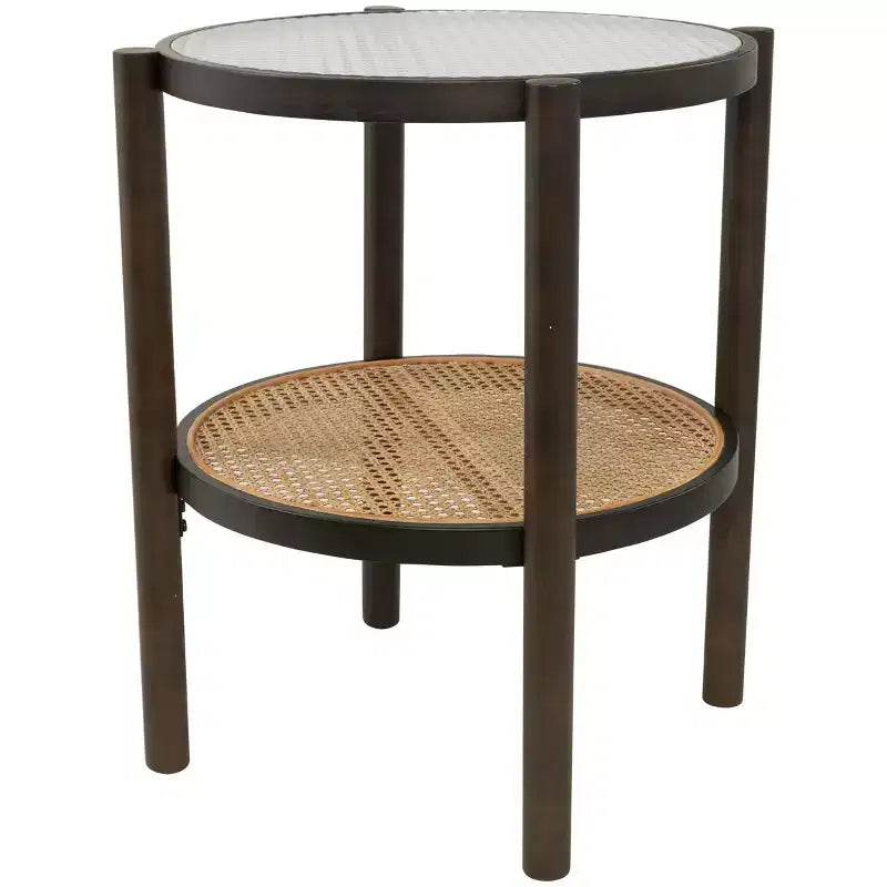Mesa auxiliar de madera con tapa de cristal y estructura de ratán, no requiere montaje