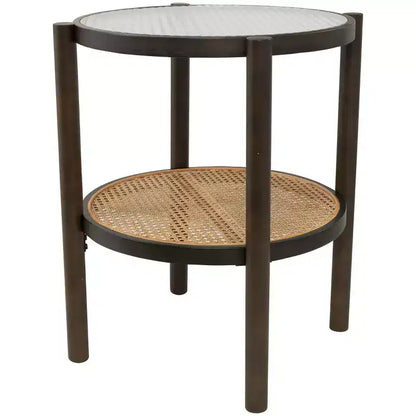 Mesa auxiliar de madera con tapa de cristal y estructura de ratán, no requiere montaje