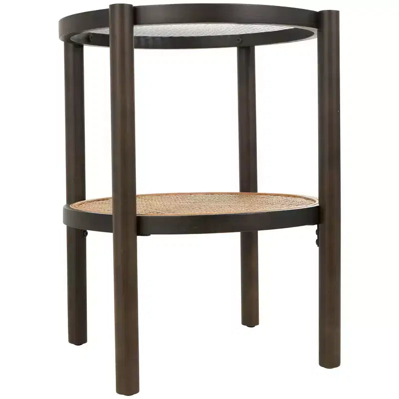 Mesa auxiliar de madera con tapa de cristal y estructura de ratán, no requiere montaje