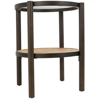Mesa auxiliar de madera con tapa de cristal y estructura de ratán, no requiere montaje