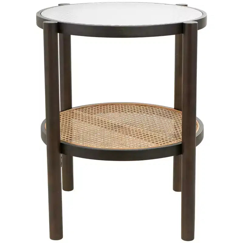 Mesa auxiliar de madera con tapa de cristal y estructura de ratán, no requiere montaje