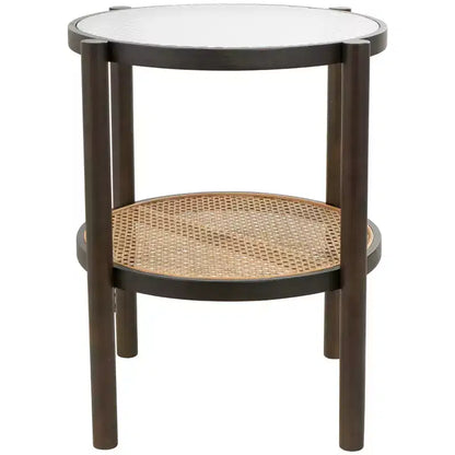 Mesa auxiliar de madera con tapa de cristal y estructura de ratán, no requiere montaje