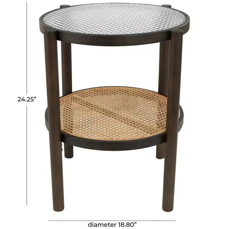 Mesa auxiliar de madera con tapa de cristal y estructura de ratán, no requiere montaje