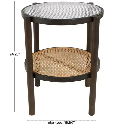 Mesa auxiliar de madera con tapa de cristal y estructura de ratán, no requiere montaje
