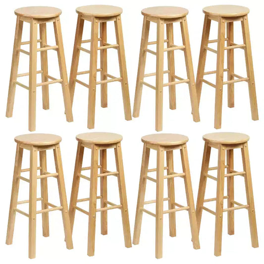 PJ Wood Classic Round Seat 29 Tall Kitchen Counter Stools for Homes, Dining Spaces, and Bars with Backless Seats & 4 Square Legs, Natural (Set of 8)