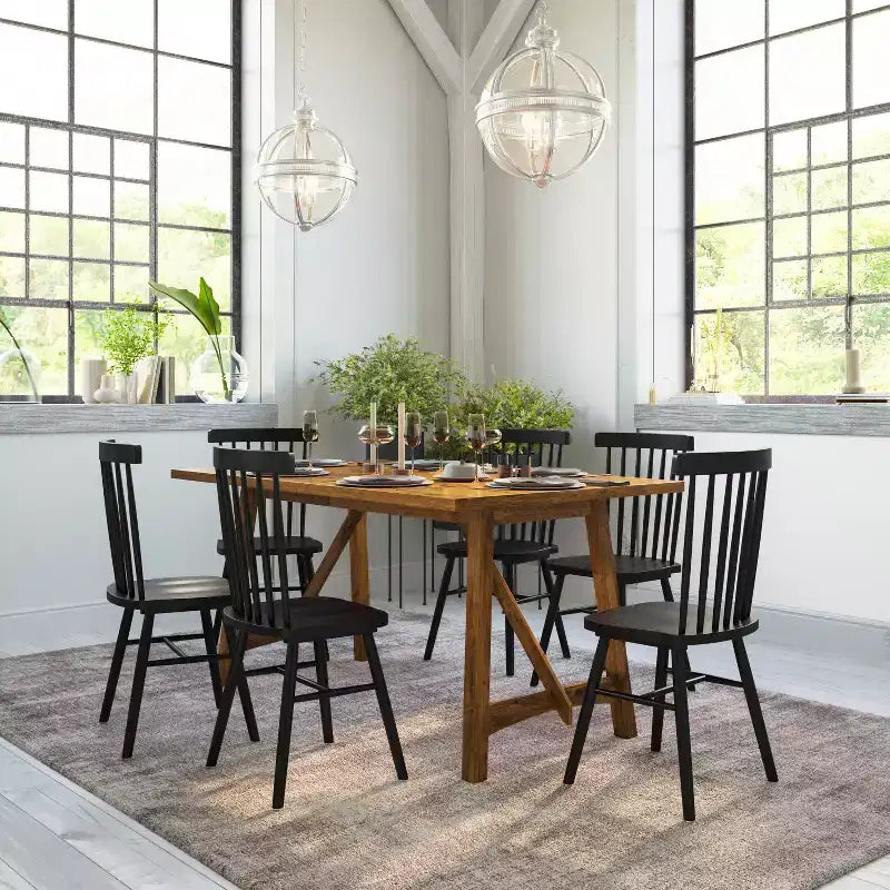 Mesa de comedor rústica de madera con base de caballete