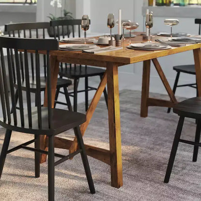 Mesa de comedor rústica de madera con base de caballete