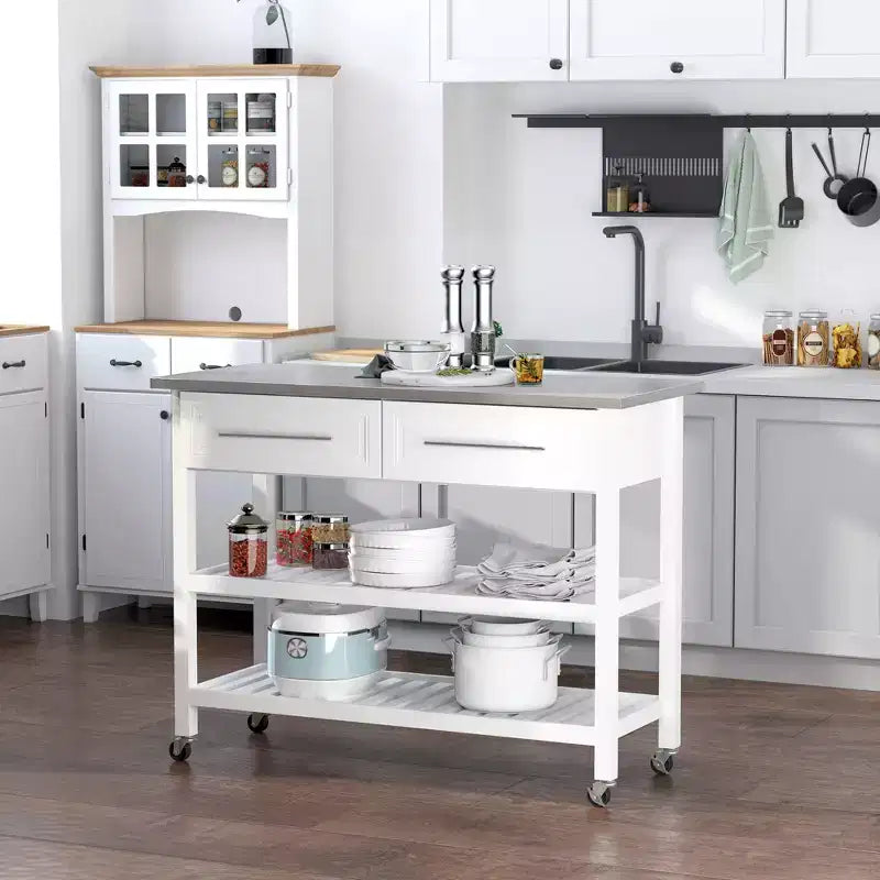 Isla de cocina con encimera de acero inoxidable, estantes de 2 niveles y cajones