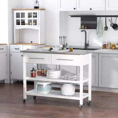 Isla de cocina con encimera de acero inoxidable, estantes de 2 niveles y cajones