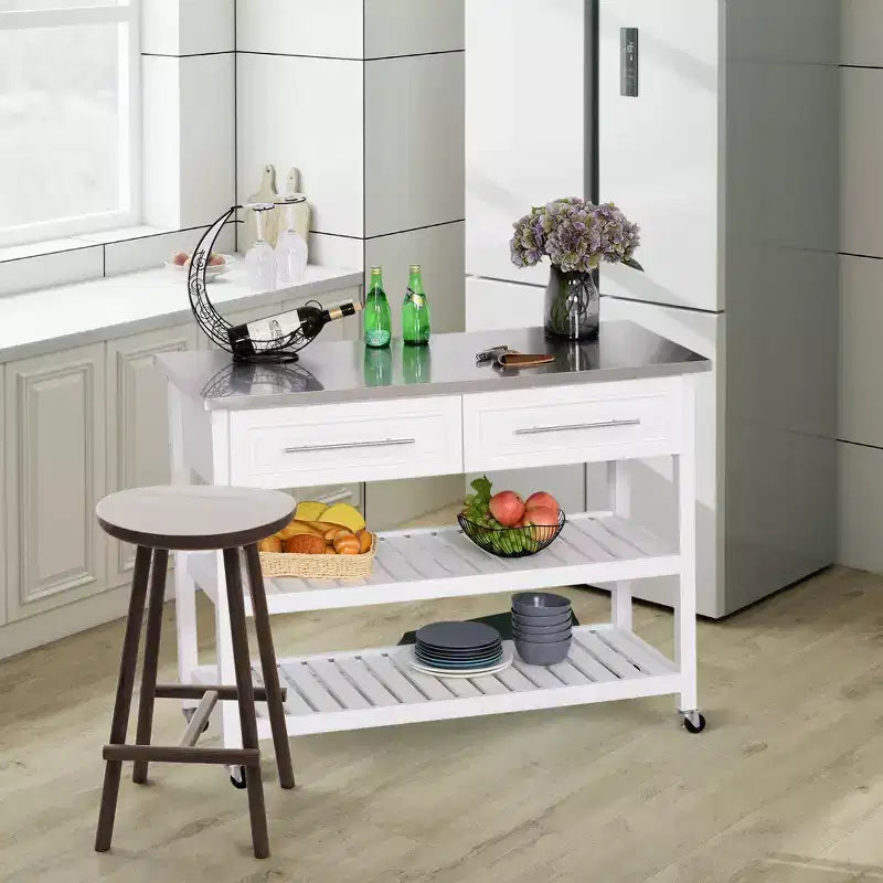 Isla de cocina con encimera de acero inoxidable, estantes de 2 niveles y cajones