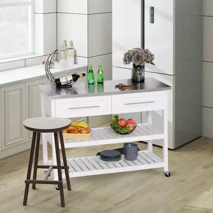 Isla de cocina con encimera de acero inoxidable, estantes de 2 niveles y cajones
