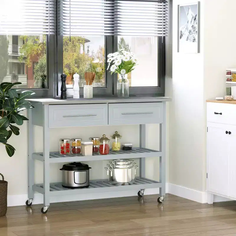Isla de cocina con encimera de acero inoxidable, estantes de 2 niveles y cajones