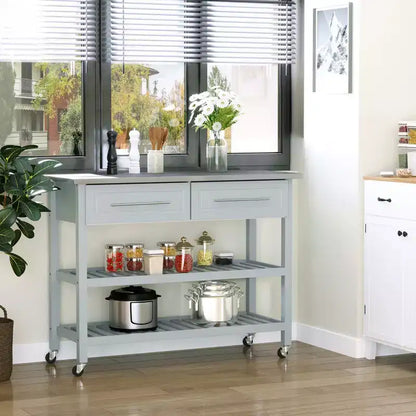 Isla de cocina con encimera de acero inoxidable, estantes de 2 niveles y cajones
