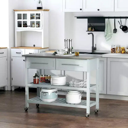 Isla de cocina con encimera de acero inoxidable, estantes de 2 niveles y cajones