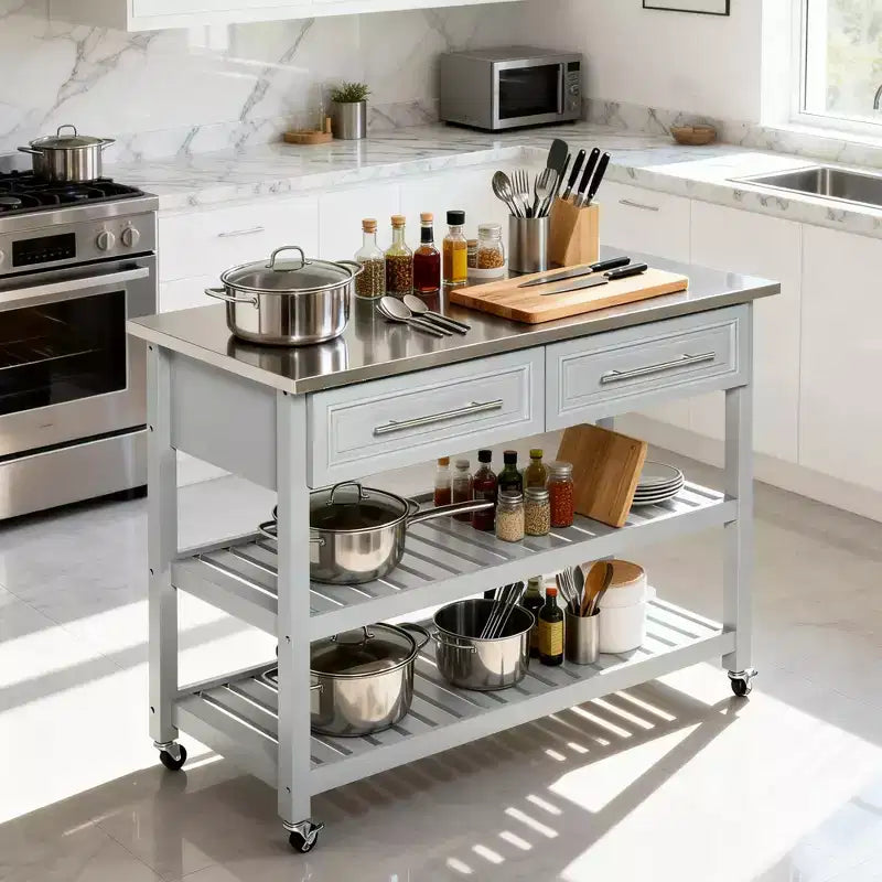Isla de cocina con encimera de acero inoxidable, estantes de 2 niveles y cajones