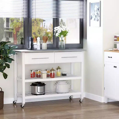 Isla de cocina con encimera de acero inoxidable, estantes de 2 niveles y cajones