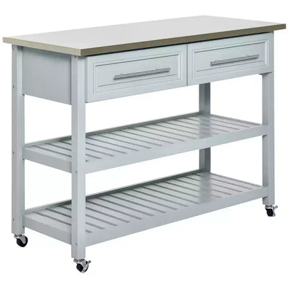 HOMCOM Kitchen Island with Stainless Steel Top, Traditional Kitchen Island with Storage, 2-Tier Open Shelves, Drawers