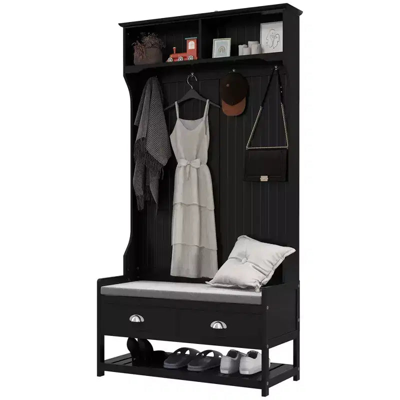 Recibidor con perchero, 4 ganchos, 2 cajones y banco acolchado