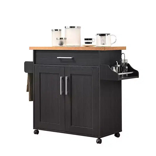Hodedah Wheeled Kitchen Island with Spice Rack and Towel Holder