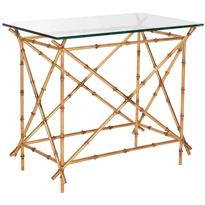 Mesa auxiliar redonda con detalles, oro y cristal transparente