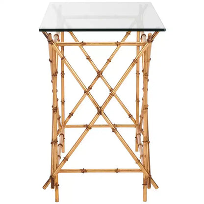 Mesa auxiliar redonda con detalles, oro y cristal transparente
