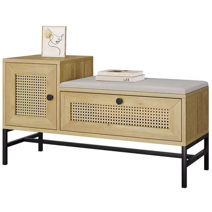 Garvee Rattan Shoe Bench with Storage, Entryway Bench with Flip Drawer Shoe Cabinet, Show Storage Bench for Hallway and Bedroom, Natural Oak
